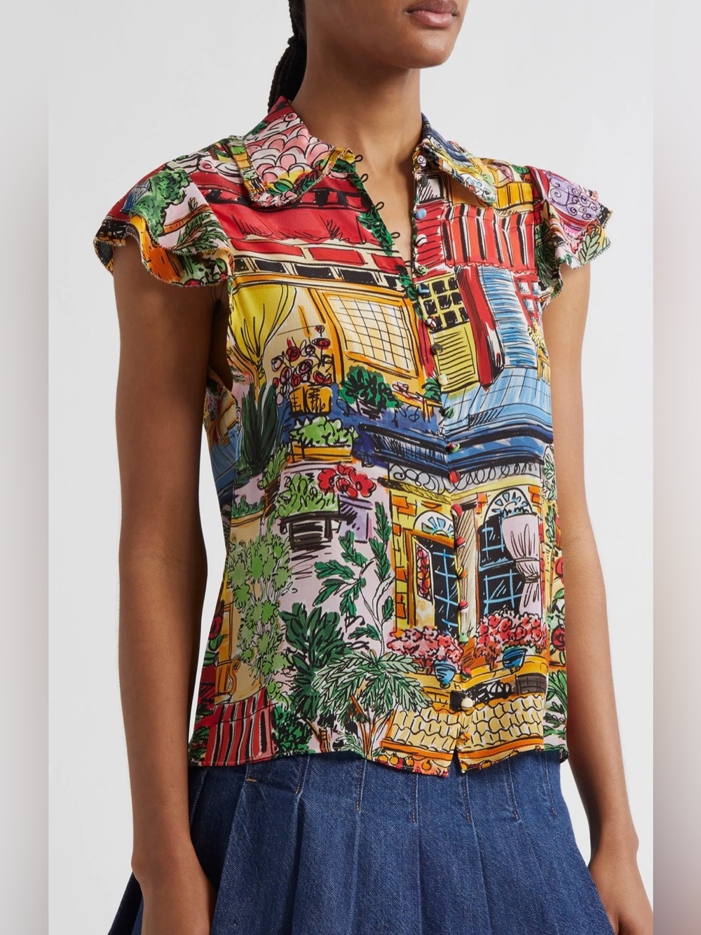 NWT Alice + Olivia Martel Silk Flutter Sleeve Blouse Vacation Dreams medium